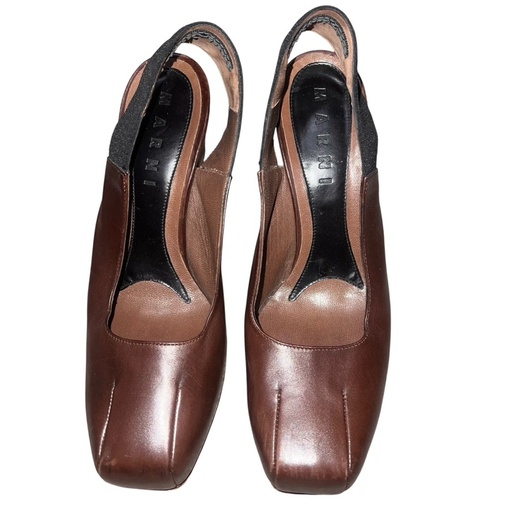 EUC Marni Brown Italian Leather Square Toe Slingback Heeled Mules 38 Neutral